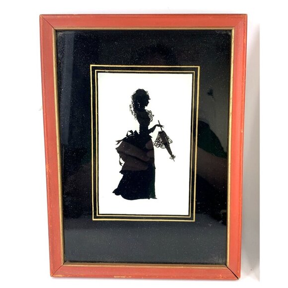 Silhouette Painting on Reverse Domed Glass Pictures of Couple Victorian Lot of 2 - Picture 2 of 8